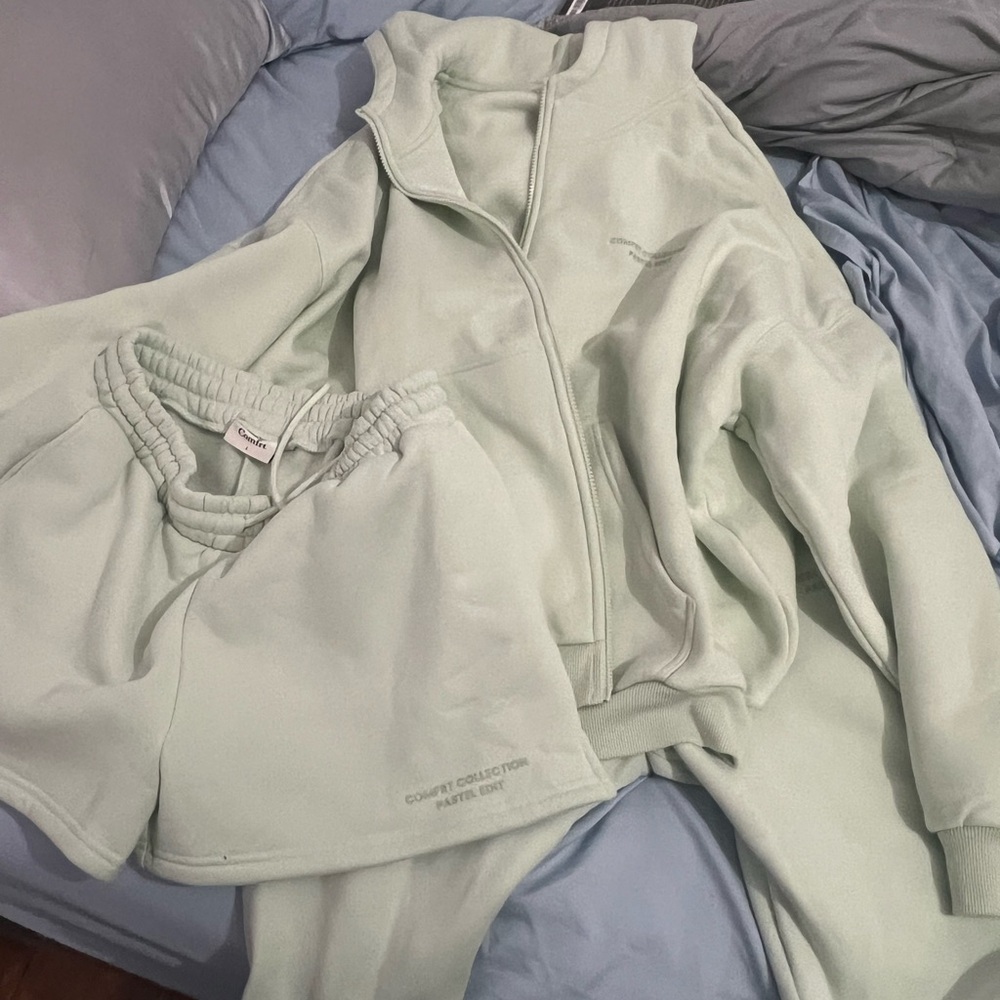 Plush High-Waist Track Pants & Zip Jacket Set - Mint Green